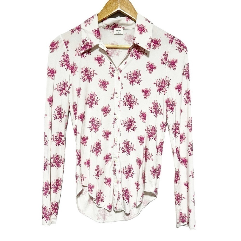 Aritzia Wilfred Floral Print Button Up Soft Stretchy Tencel Pink Top Size S
